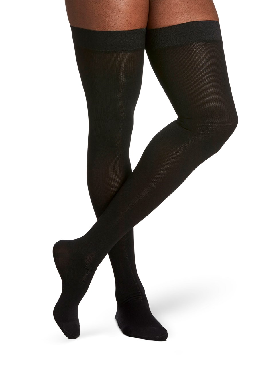 Male wearing ESSENTIAL COTTON thigh-highs in BLACK