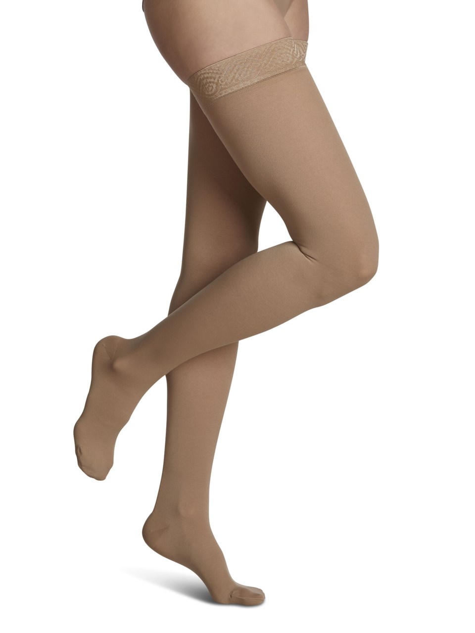 Female wearing ESSENTIAL: OPAQUE thigh-highs in GOLDEN (Formerly SUNTAN)