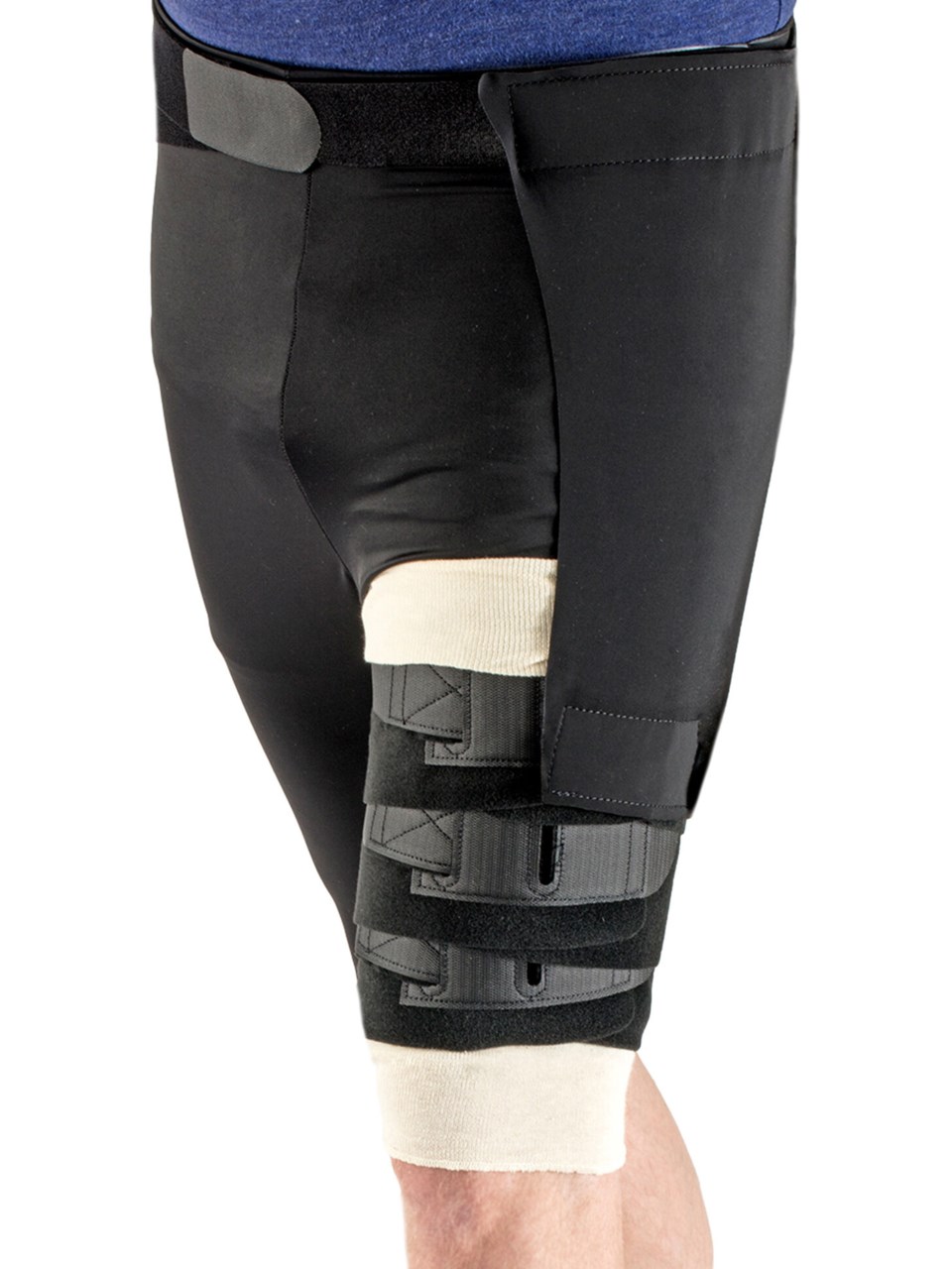 Male wearing the COMPREFIT STANDARD THIGH in BLACK