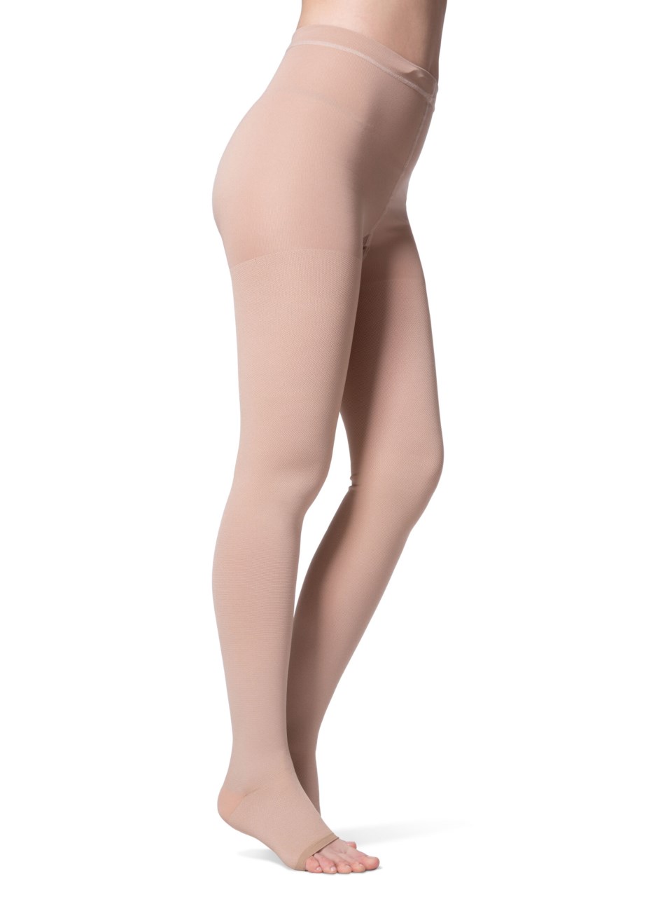 Female wearing SPECIALTY NATURAL RUBBER compression pantyhose in BEIGE
