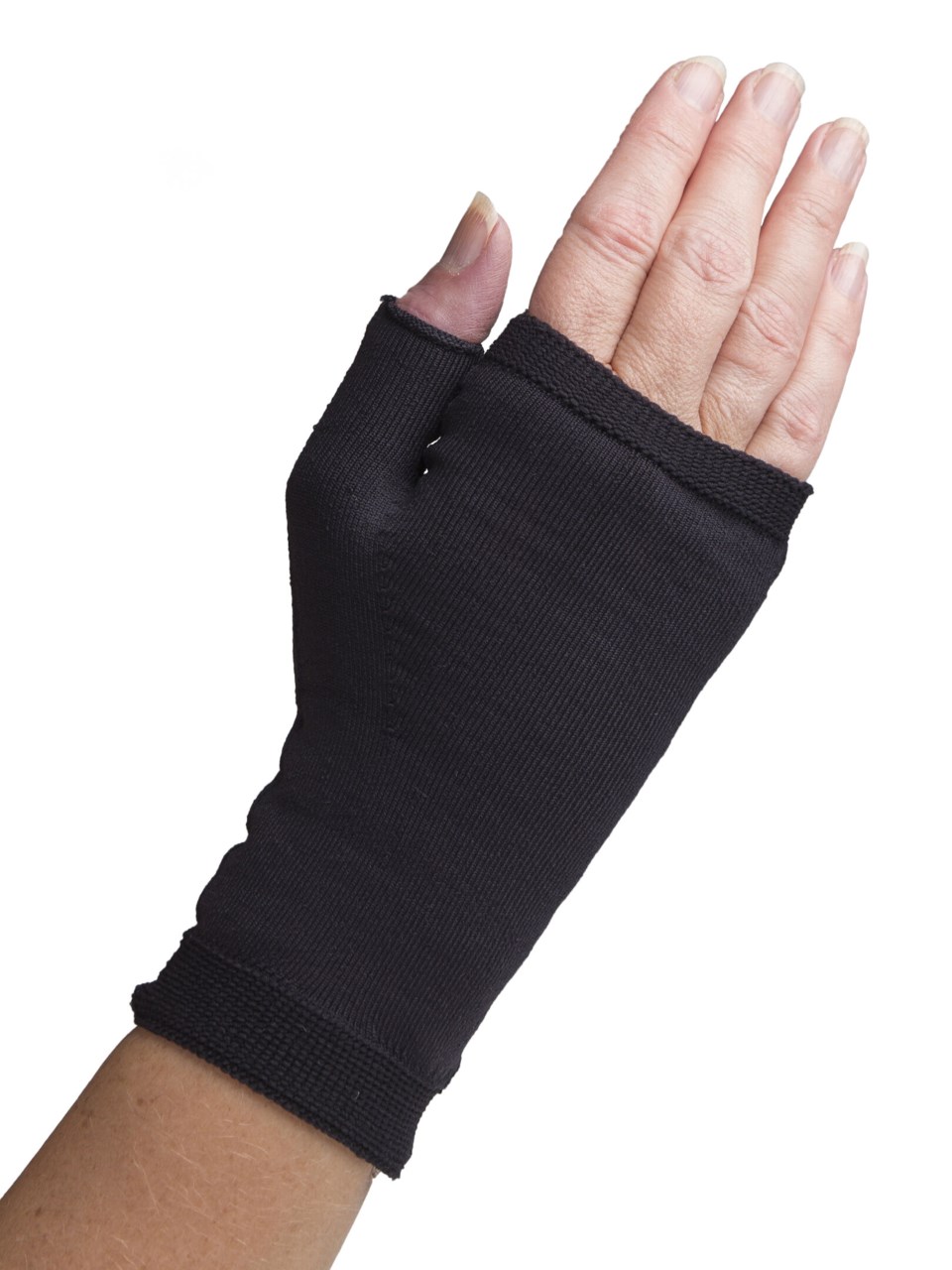 Woman wearing Sigvaris Secure compression Gauntlet in color Black