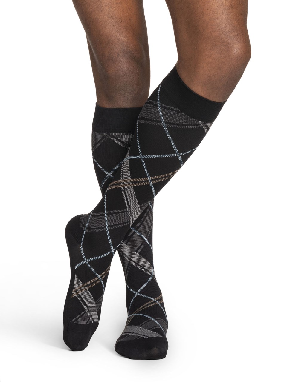 Man wearing STYLE MICROFIBER PATTERNS compression socks in BLACK PLAID