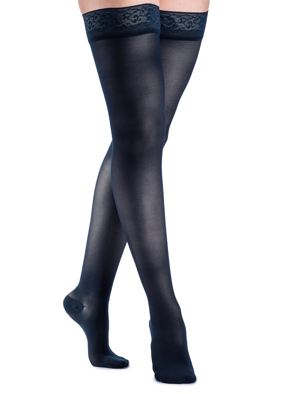 Female wearing STYLE SHEER compression thigh highs in DARK NAVY