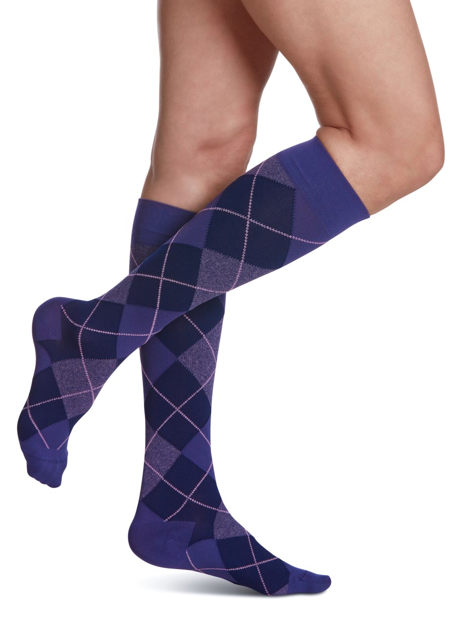 Female wearing STYLE MICROFIBER PATTERNS compression socks in PURPLE ARGYLE