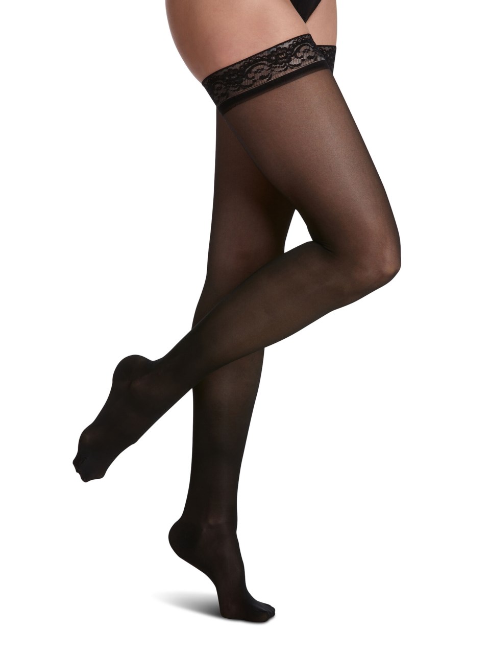 Female wearing WELLBEING SHEER FASHION compression thigh highs in BLACK