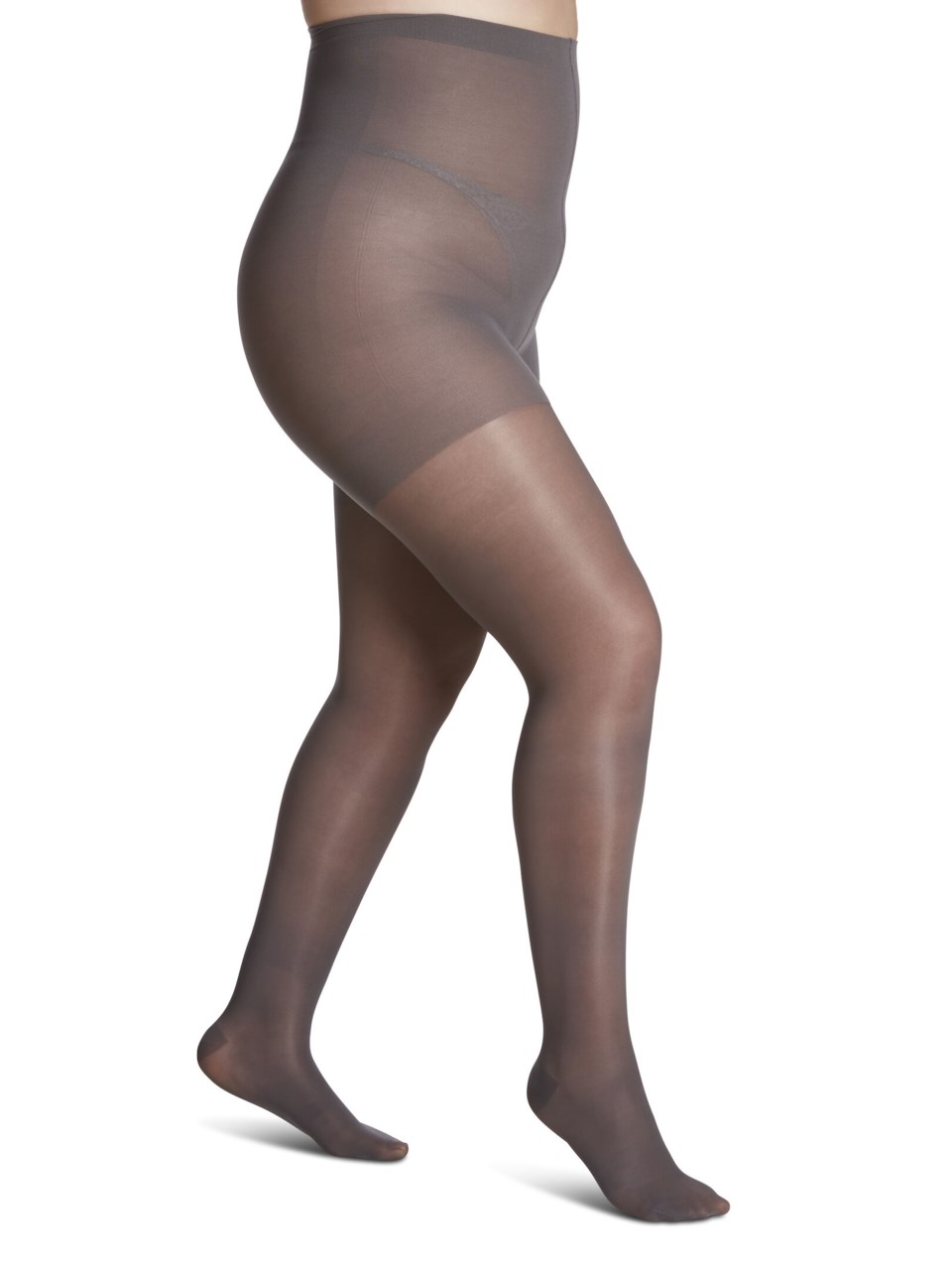 Female wearing WELLBEING SHEER FASHION compression pantyhose in CHARCOAL